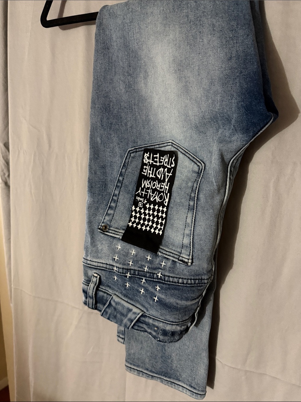 Ksubi Light Blue Washed Slim Straight Jeans with Black Back Patch
